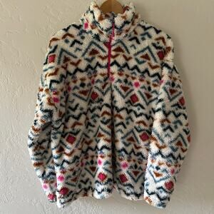 EDDIE BAUER Womens Plush 1/4 Zip Pullover Jacket Size XL Wacky Colorful Faux Fur